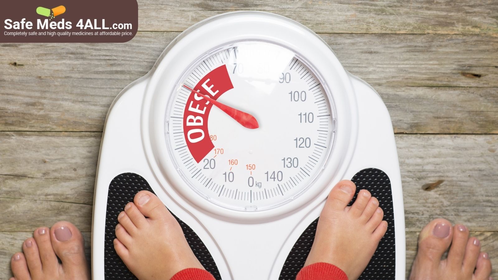 A child standing on a weighing scale indicating obese