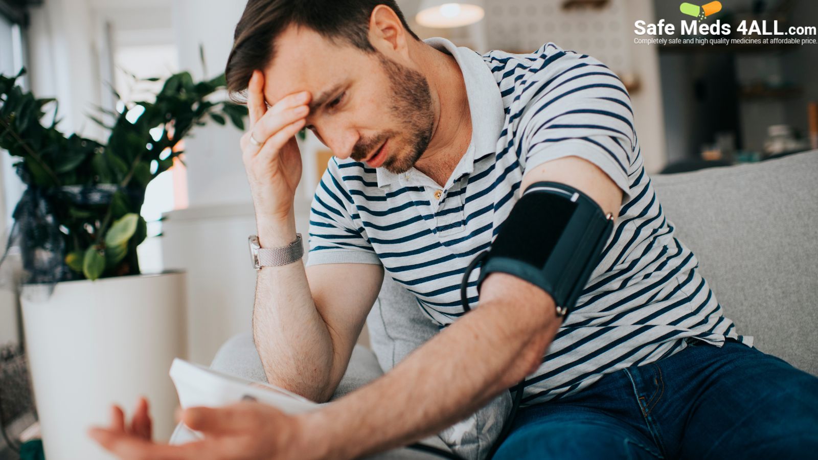 A man tensed about his blood pressure level