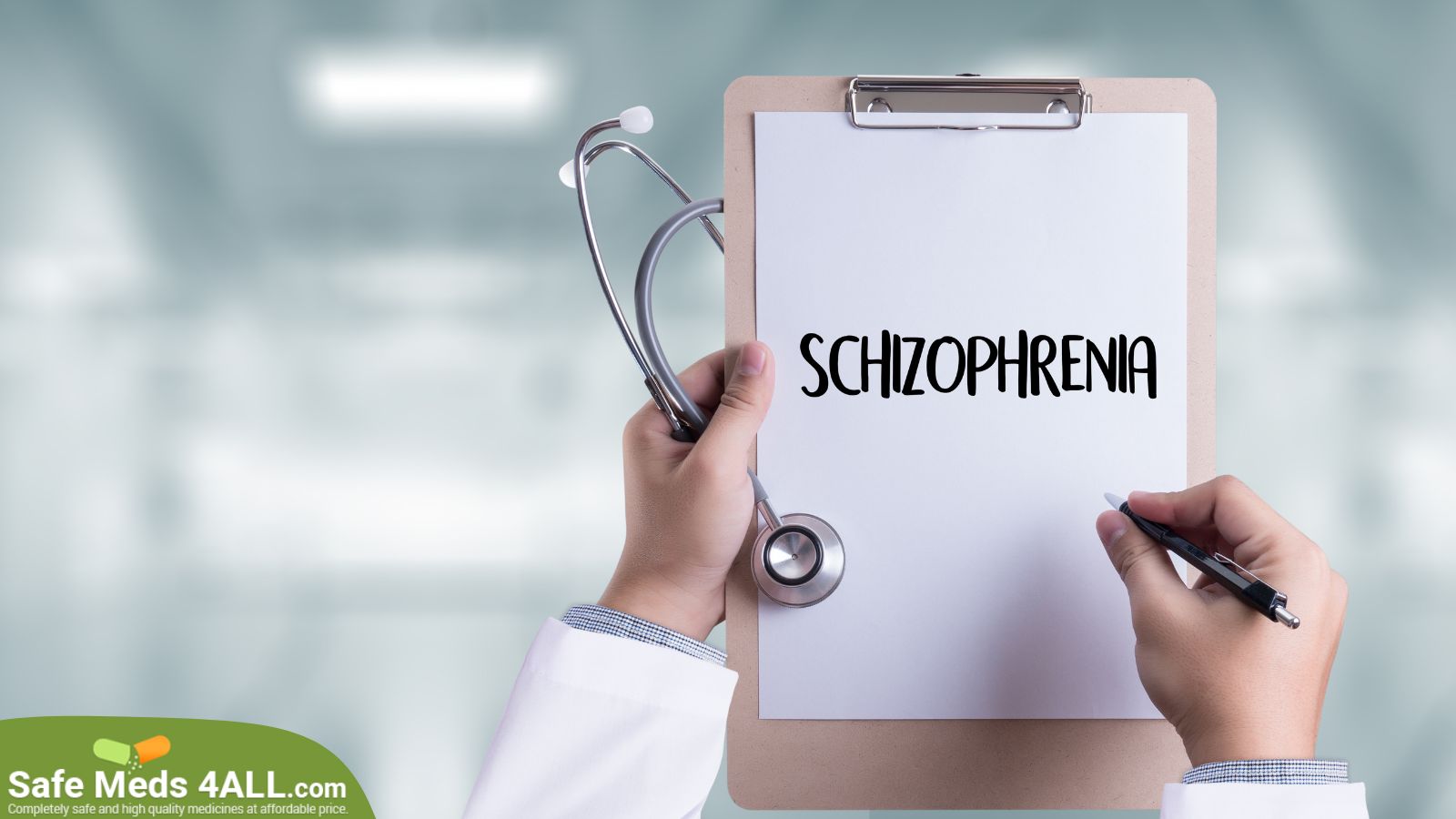 A medical professional holding a clip board with schizophrenia written on  it.