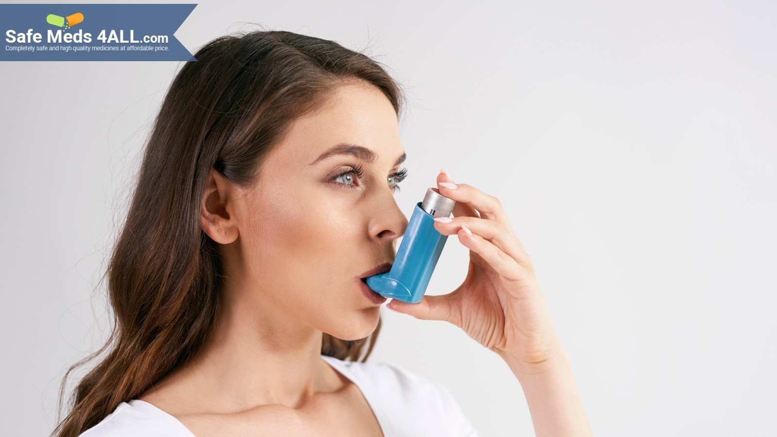 A woman holding an inhaler in her mouth to tackle asthma flare up.