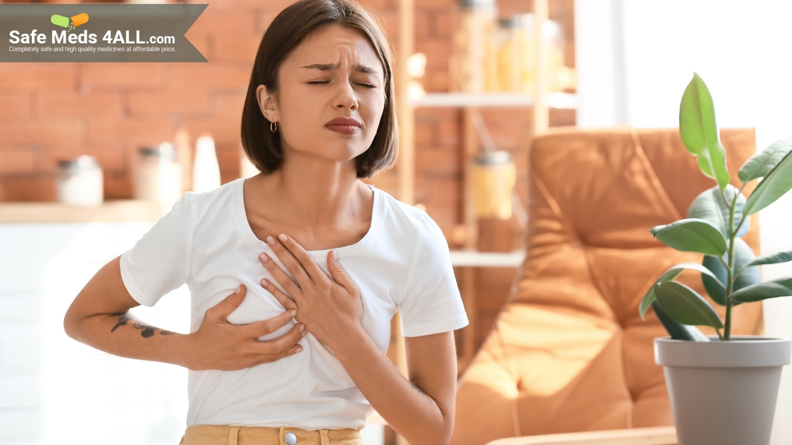 A girl holding her chest in pain and distress.