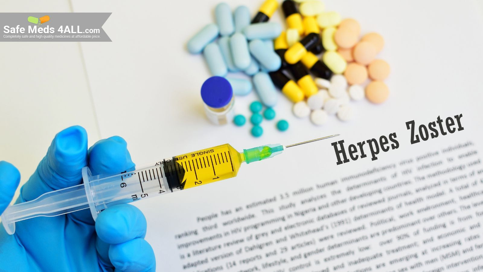 Few tablets and injection with written text at the background