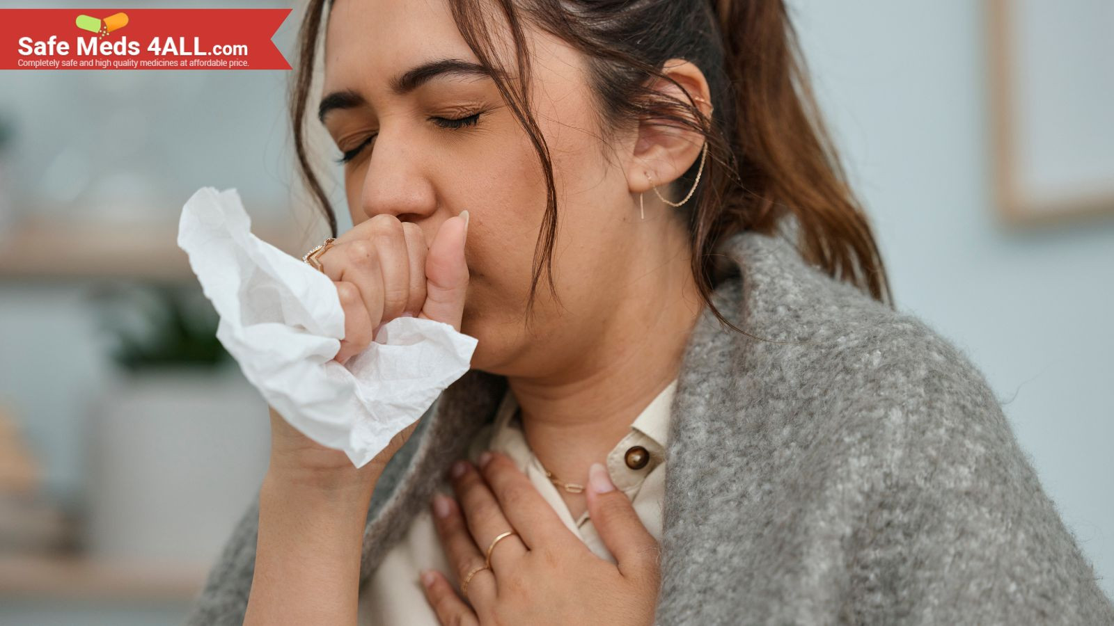 A girl holding tissue in her and coughing.