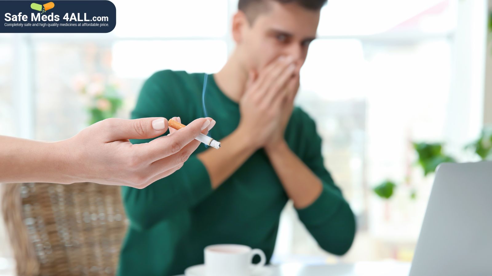 Person keeping hands on his mouth to save himself from third hand smoking from a cigarette.