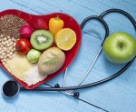 Healthy food on heart plate with stethoscope