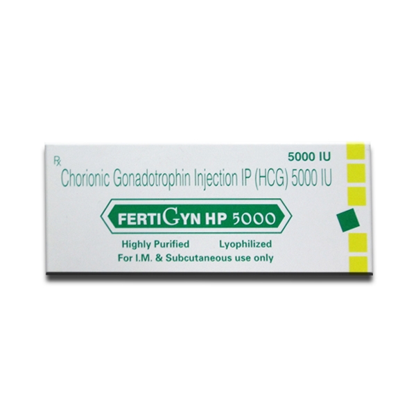 A box of FERTIGYN 5000 iu Freeze Dried Powdered HCG Injection