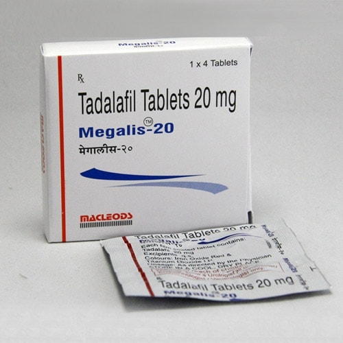 A box and a strip of Megalis 20mg Tabs - Tadalafil