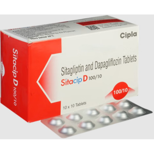 A box and a strip of Dapagliflozin (10mg) + Sitagliptin (100mg) Tablet