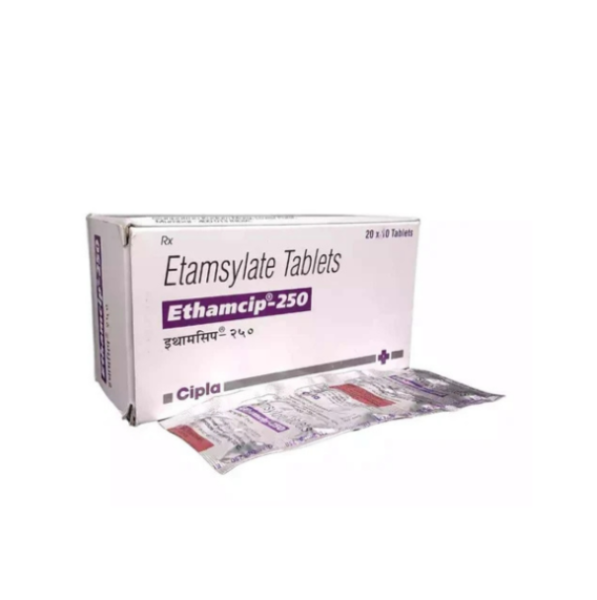 A box and a strip of Ethamsylate (250mg) Tablets