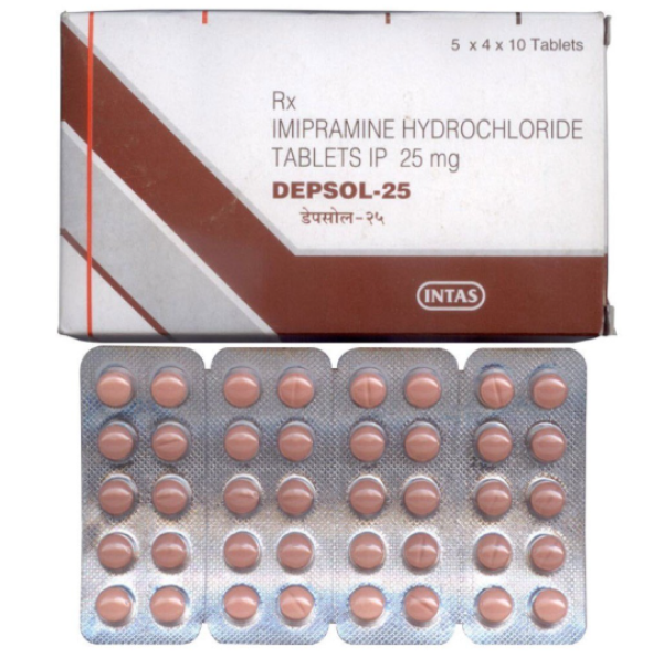 A pack and strip of mipramine (25mg) Tablets
