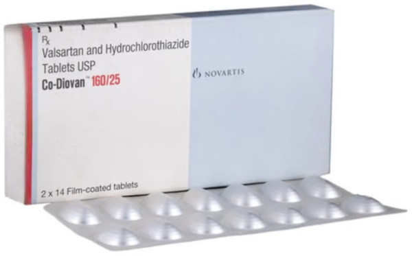 A box and a strip of Valsartan + Hydrochlorothiazide Tabs