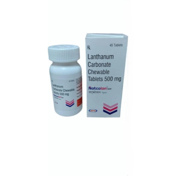 A box and a bottle of Fosrenol Generic (500mg) Tablet