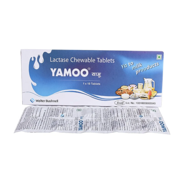 A pack and a strip of Lactase (4500 FCC Units) Tablet