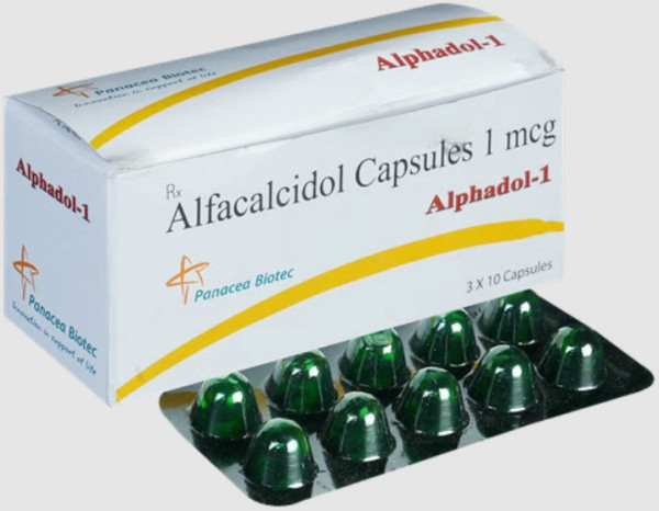 A box and a strip of Alfacalcidol Generic (1mcg) Capsule