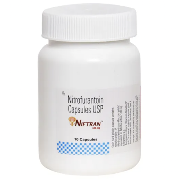 A bottle of generic Nitrofurantoin (100mg) Caps