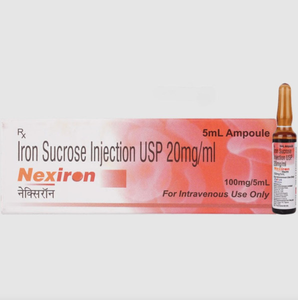 A pack and an ampoule of Generic Iron Sucrose (100mg/5ml) Injection