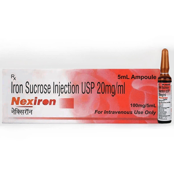 A pack and an ampoule of Generic Iron Sucrose (100mg/5ml) Injection