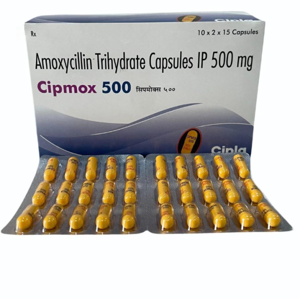 Front and back blister strips of generic amoxicillin 500mg capsule