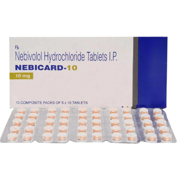 Front and backside of a blister strip of Bystolic 10 mg Generic tablets - Nebivolol