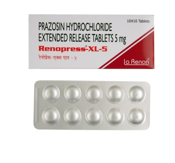 A pack and a strip of generic Prazosin (5mg) Tablet