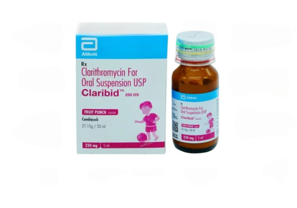 A box and a bottle of Generic Biaxin (250mg/5ml)  Oral Suspension