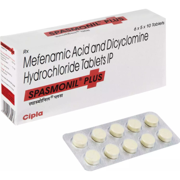 A box and a strip of Dicyclomine (10mg) + Mefenamic Acid (250mg) Tablets