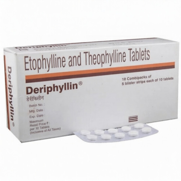 A box and a strip of Etofylline (77mg) + Theophylline (23mg) Tablets