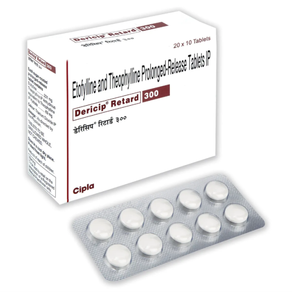 A pack and a strip of Etofylline (231mg) + Theophylline (69mg) Generic Tablets
