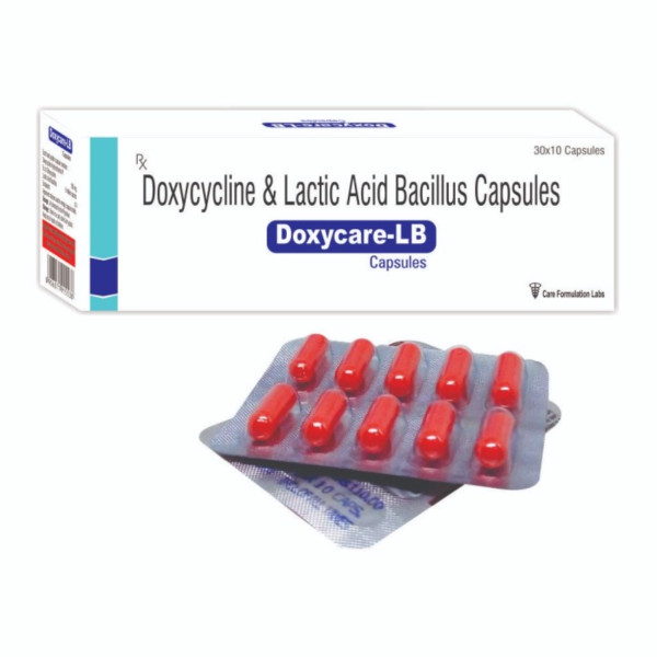 A box of generic Doxycycline 100mg capsule