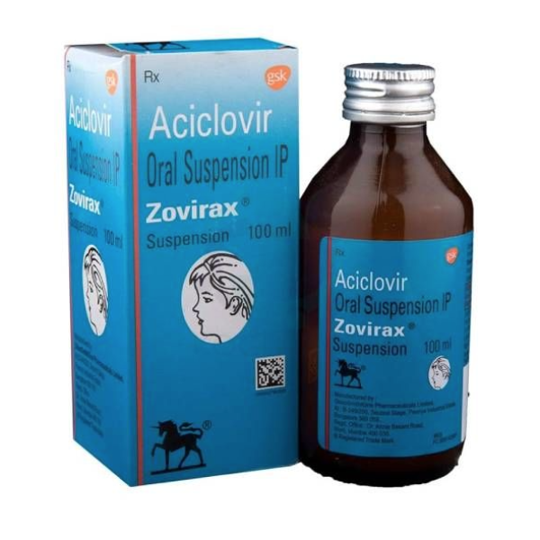 A box and a bottle of Zovirax 400mg/5ml Oral Suspension (100ml Bottle)
