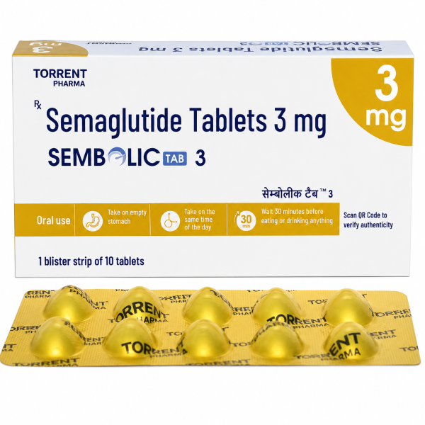 A box and a strip of generic Rybelsus 3mg Tabs