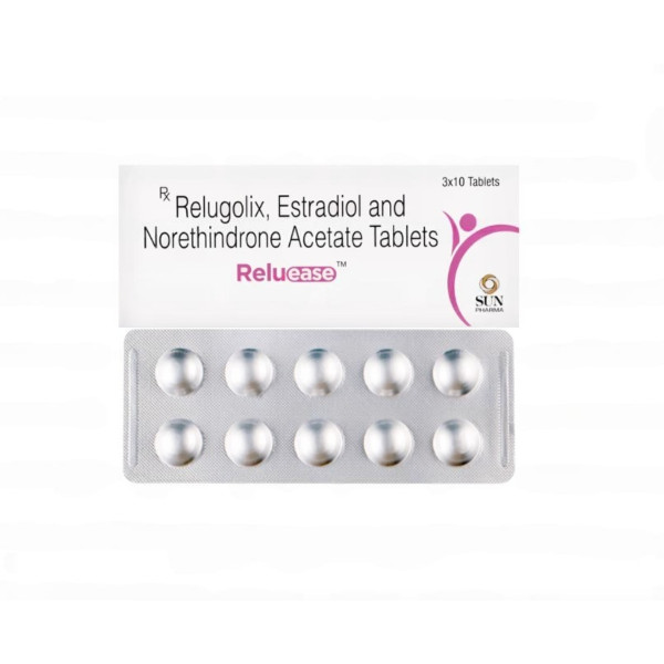 A pack and a strip of Relugolix (40mg) + Estradiol (1mg) + Norethindrone (0.5mg) Tablet