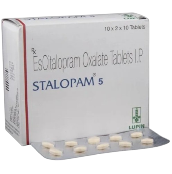 A box and a strip pack of generic Escitalopram Oxalate 5mg tablets