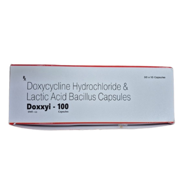 A box of generic Doxycycline 100mg capsule