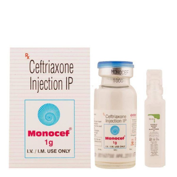 A box pack and a vial of Rocephin 1gm generic Injection - Ceftriaxone