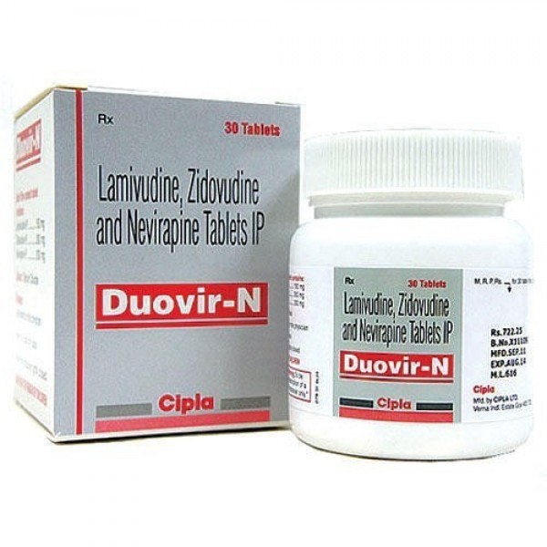 A box pack and a bottle of Lamivudine (150mg) + Zidovudine (300mg) + Nevirapine (200mg) Generic Tablet