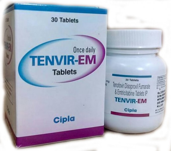 A box and a bottle of Truvada 200 mg / 300 mg Generic tablets - Emtricitabine / Tenofovir