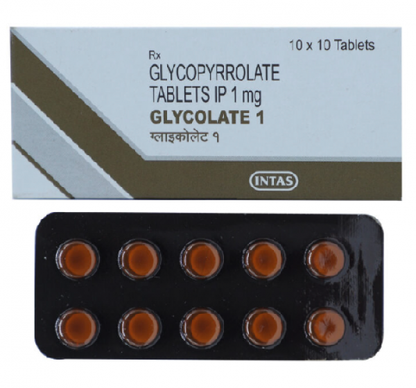 A box and a strip of Glycopyrrolate 1mg Tablets