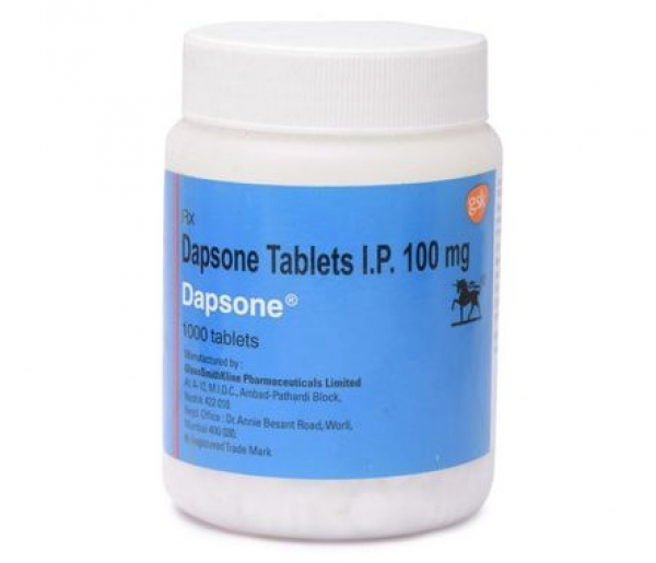 A bottle of Dapsone (100mg) Tablets 