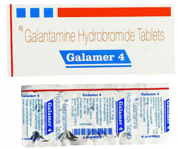 A box and strip pack of generic Galantamine 4mg Tablet