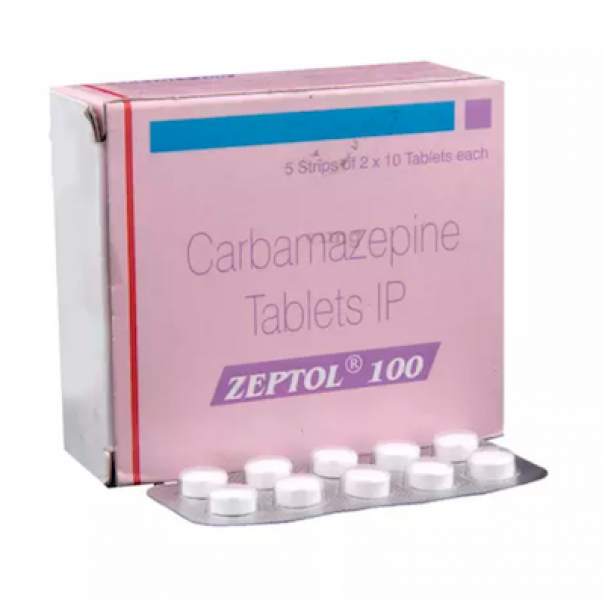 A box and a blister pack of generic Carbamazepine 100mg Tablet