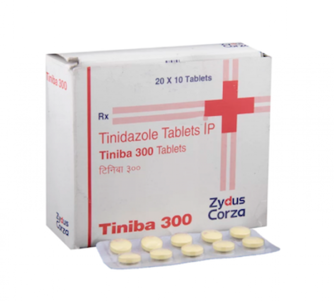 Box and blister strip of generic  Tinidazole 300 mg Generic Tablet