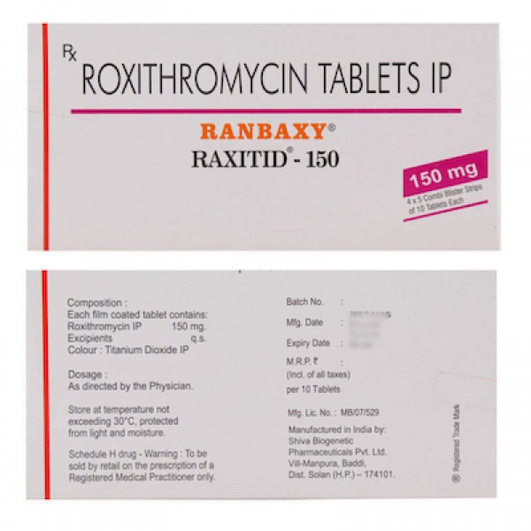 Front and back of the box of generic Roxithromycin 150 mg Tablet