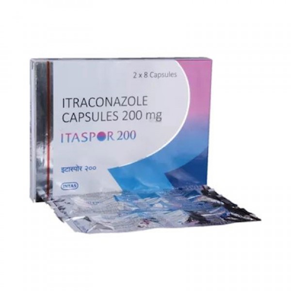 A box and a strip pack of generic Itraconazole  200mg Capsule