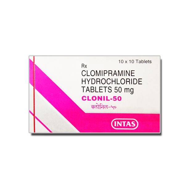 White and pink coloured box of generic Clomipramine 50mg tablets