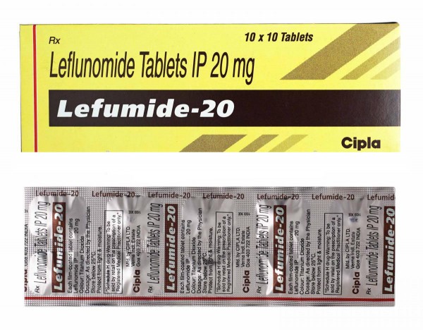 A box and a strip of generic Leflunomide 20mg tablets