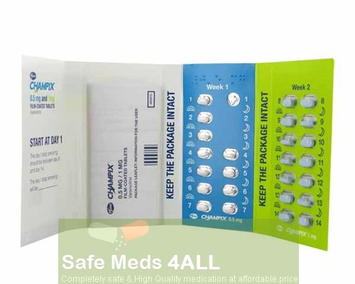 A blister strip pack of Chantix 1mg Tablets - Varenicline