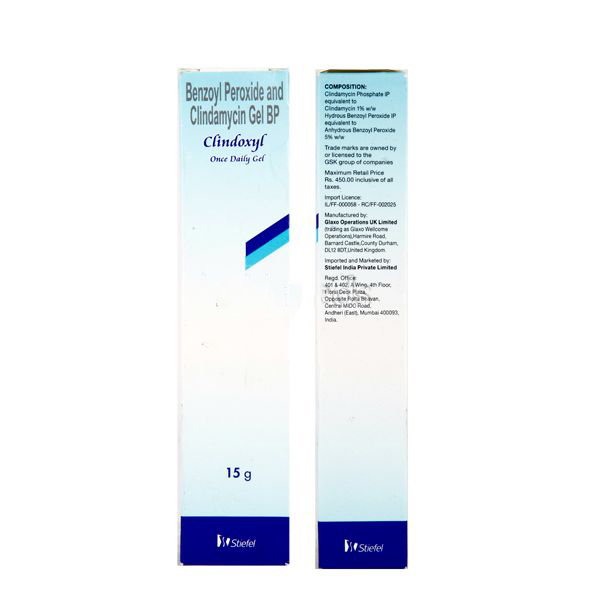 Box and tube of generic Benzoyl Peroxide (5%) + Clindamycin (1%) Gel