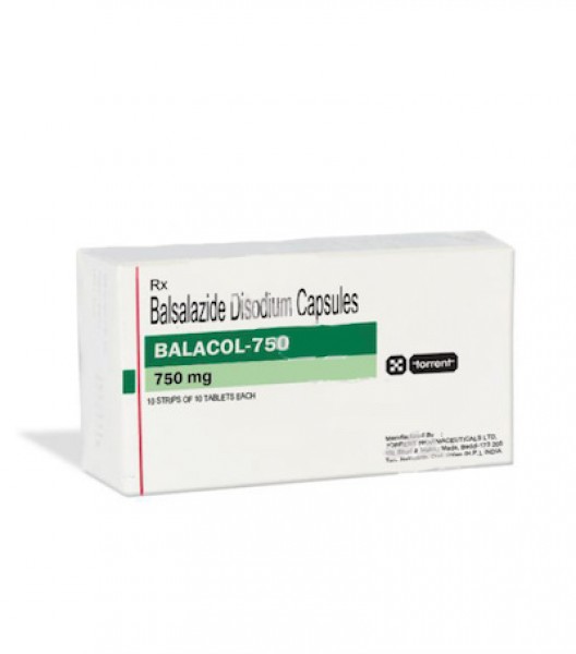 Box and blister strip of generic Balsalazide 750mg  capsule