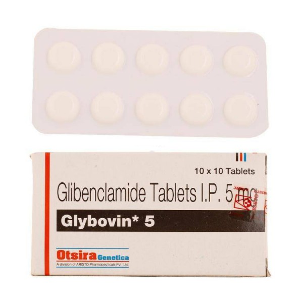 Blister strip and box of generic Glyburide ( Glibenclamide 5mg tablets )